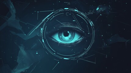 A dark aesthetic AI wallpaper with a mysterious glowing eye at the center, surrounded by swirling data patterns and encrypted binary codes. The atmosphere is sleek and futuristic with deep blue and b