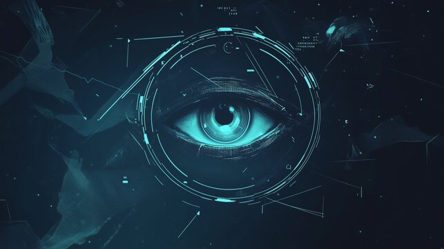 A dark aesthetic AI wallpaper with a mysterious glowing eye at the center, surrounded by swirling data patterns and encrypted binary codes. The atmosphere is sleek and futuristic with deep blue and b