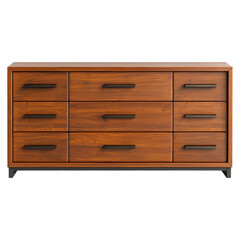 A stylish wooden dresser featuring multiple drawers with sleek black handles, showcasing a modern design ideal for storage and decoration.