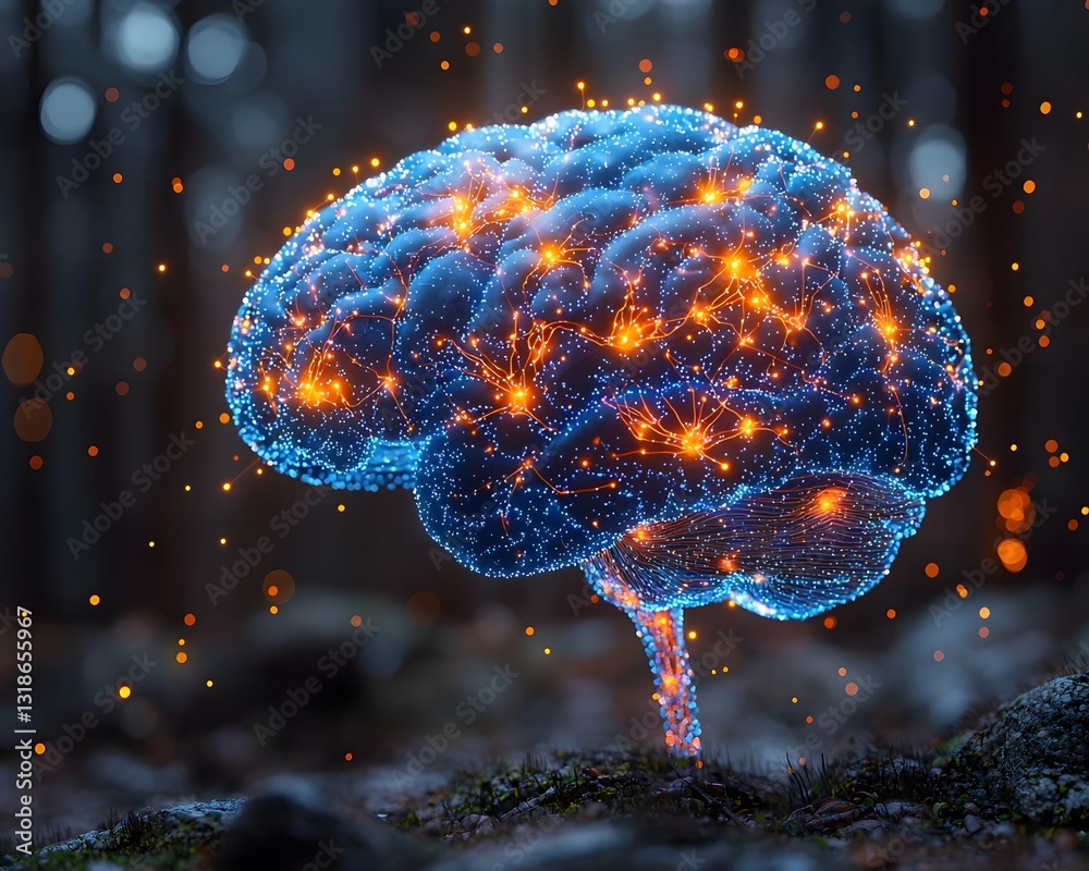 Poster glowing brain with dynamic neural circuits representing fusion of knowledge and innovation