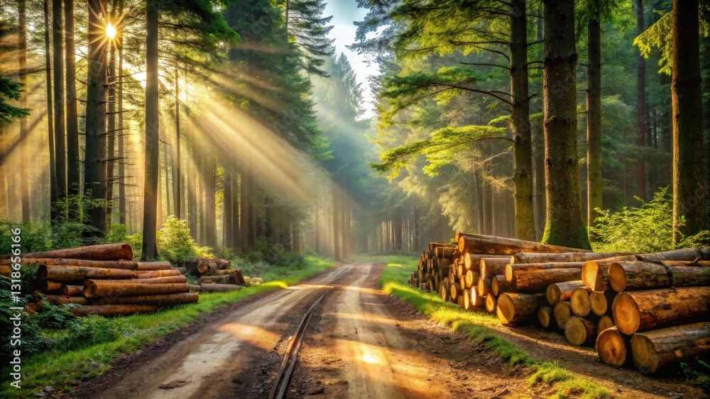 Poster A sun-drenched path meanders through a verdant forest, sunlight streaming through the canopy and illuminating the stacks of logs lining the way.