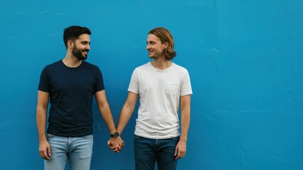 Two young Caucasian men holding hands in casual clothes against blue wall, representing love and diversity