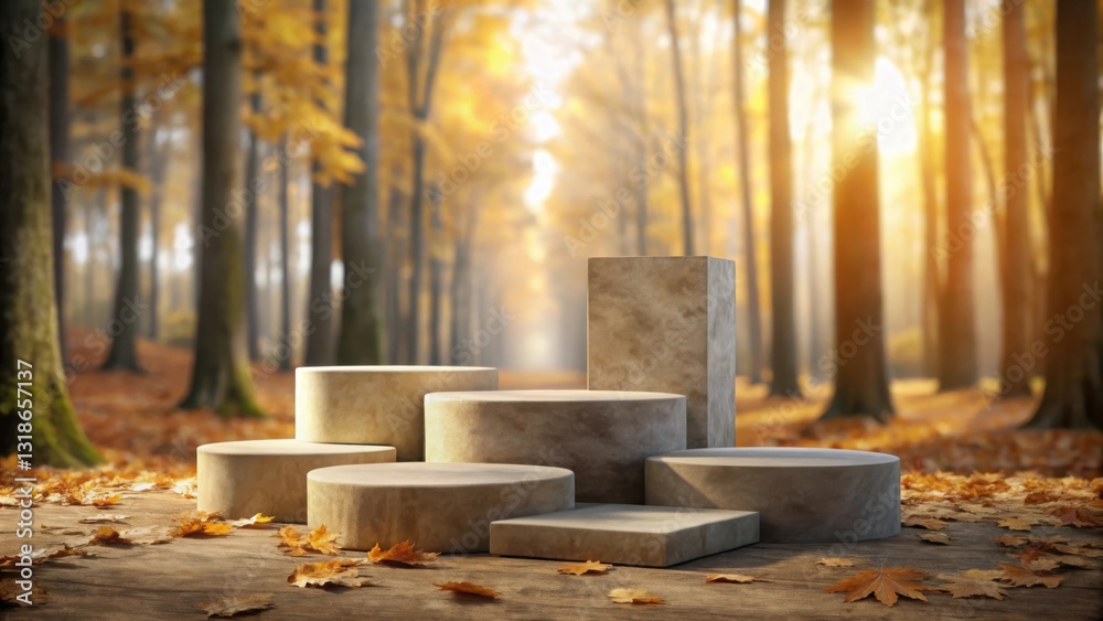 Poster abstract stone display platforms in a sunlit autumn forest