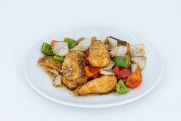 Sea Bass in black peppercorn, Stir fried Fish fillet with black pepper sauce, Stir Fried Sea Bass with Black Pepper. Boneless fish fried until crispy, stir-fried with sauce