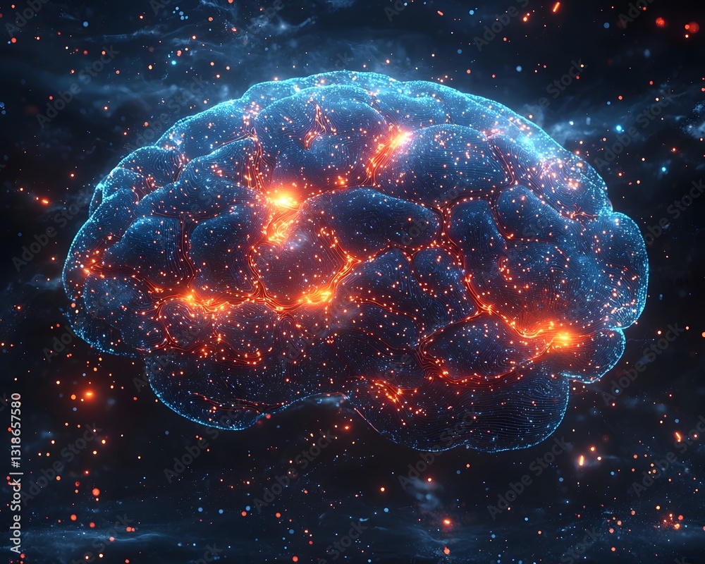 Poster dynamic glowing digital brain with streaming data representing and knowledge concept