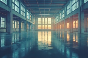 Empty industrial space with large windows showcasing the sunset in the background