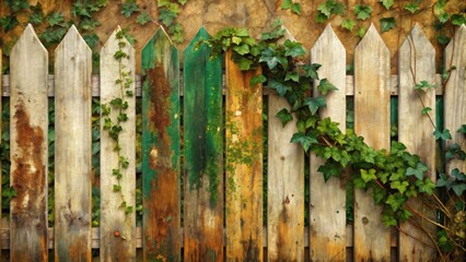 A rustic wooden fence with weathered paint and climbing ivy, showcasing the beauty of nature's embrace on a forgotten structure.