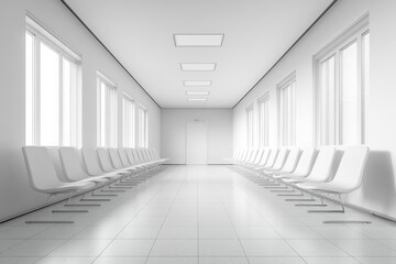 Waiting area in a modern, minimalist design office with ample natural light and white chairs