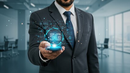 Middle Eastern businessman in black suit holding smartphone with 5G symbol in modern office Focus on technology and innovation