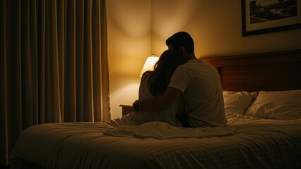 Fototapeta premium Young couple in intimate embrace in dim bedroom, experiencing calm and connection, emphasizing love and emotional support