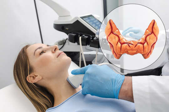 Woman patient receives thyroid diagnostics. Treatment of thyrotoxicosis, and hypothyroidism. Ultrasound diagnostics of endocrine system and thyroid