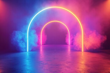 Vibrant neon arches illuminate misty scene, creating an otherwor
