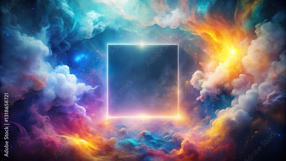 Poster a luminous portal in a celestial expanse, with vibrant nebulas and swirling clouds, a cosmic gateway