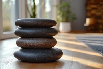 Elegant stacked stones in a modern interior reflecting natural light during the afternoon