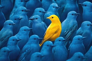 A vibrant yellow bird stands out in a crowd of identical blue birds, symbolizing individuality, uniqueness, and the courage to be different in a conformist society.
