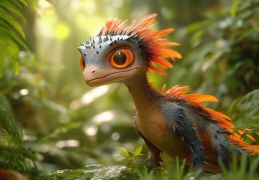 Cartoon dinosaur on blurred forest background.