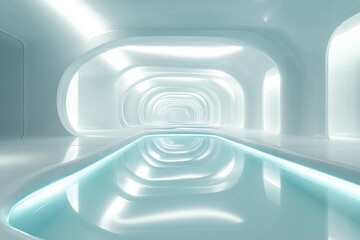 Obraz premium Modern indoor pool with sleek design and illuminated surroundings in a futuristic setting