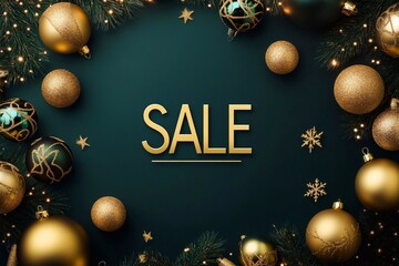  SALE" in gold text on a dark green background with golden Christmas ornaments, for a social media post template design, digital art