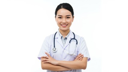 Asian female doctor smiling in white coat with stethoscope in studio Promotes health and wellness