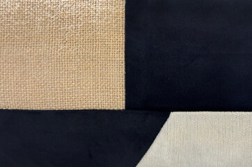 Floor carpet rug texture in random geometrical pattern. Square and polygonal shape in dark blue, beige, and white color. Seamless background texture.