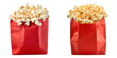 Two red paper bags filled with buttered popcorn isolated on white