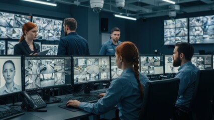 Fototapeta premium Caucasian, Hispanic professionals monitor surveillance feeds in a high tech office setup, emphasizing teamwork and security