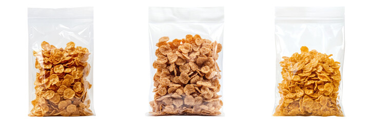Three transparent bags filled with caramel cornflakes isolated on white