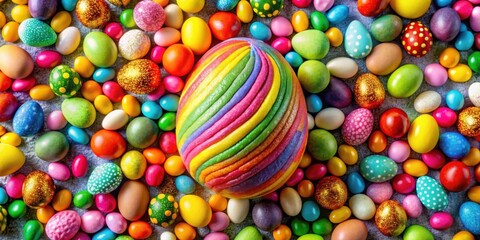 Fototapeta premium A colorful Easter egg with vibrant stripes surrounded by an abundance of painted and speckled eggs, creating a joyful and festive display.