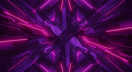 A futuristic digital background with geometric purple shapes and neon light streaks forming an intricate design.