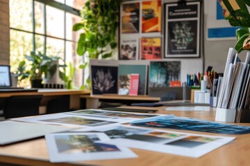 A workspace filled with vibrant marketing materials and printed catalogs, showcasing the creativity and strategy behind brand development.
