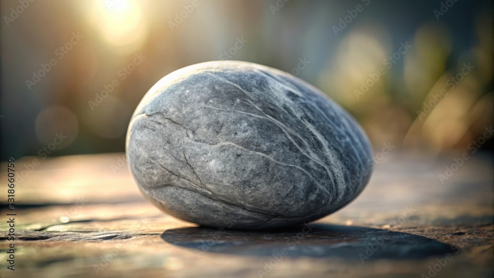 Fototapete a smooth gray stone rests on a rough surface with a soft, warm light shining through the background