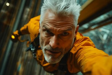 Man in orange gear performs daring high-altitude work while suspended in a modern industrial environment