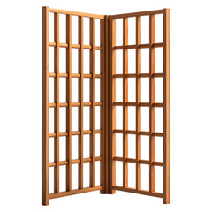 A wooden folding screen featuring a grid pattern, showcasing elegant craftsmanship and a warm finish.