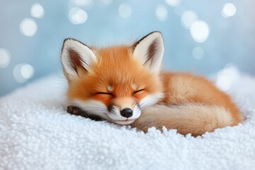 Obraz premium Cute sleeping fox cuddled up on a soft blanket with a dreamy background of soft lights