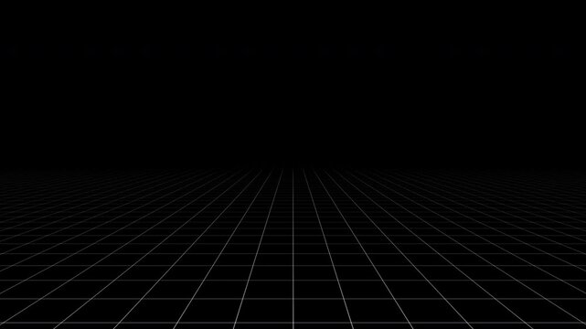 Black background with animated digital white thin grid lines with depth. Loop abstract motion background for technology, science, blueprint, or infographic concept