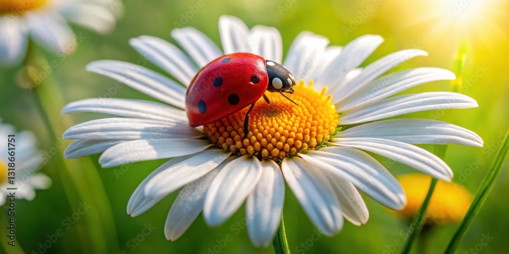 Poster a ladybug rests on the edge of a delicate white daisy with a bright yellow center, bathed in the sof