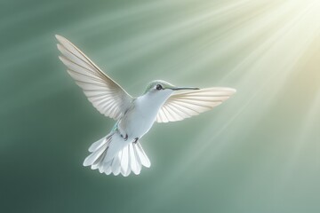 Obraz premium Hummingbird in flight against a soft background with sunlight illuminating its delicate feathers