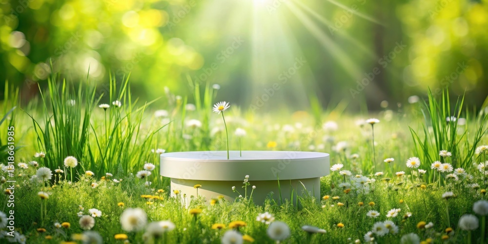 Poster a single white daisy blooms through the center of a round platform, surrounded by a field of wildflo