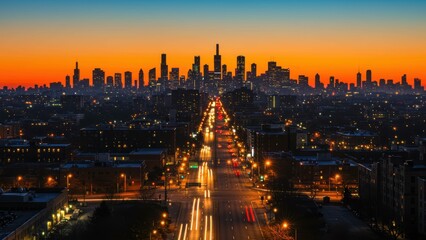 Chicago evening skyline: skyscrapers, city lights, traffic lights contrast against orange sunset Urban growth, city life