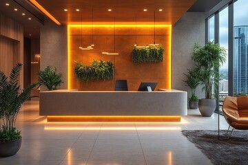 Fototapeta premium Modern interior design of a stylish reception area with greenery and ambient lighting