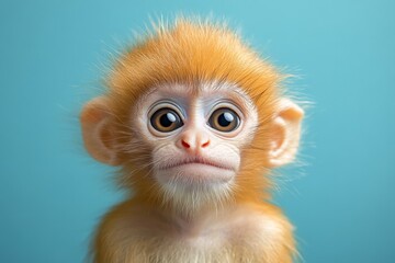 Fototapeta premium Curious monkey with big eyes gazing at the camera against a blue background in a playful setting
