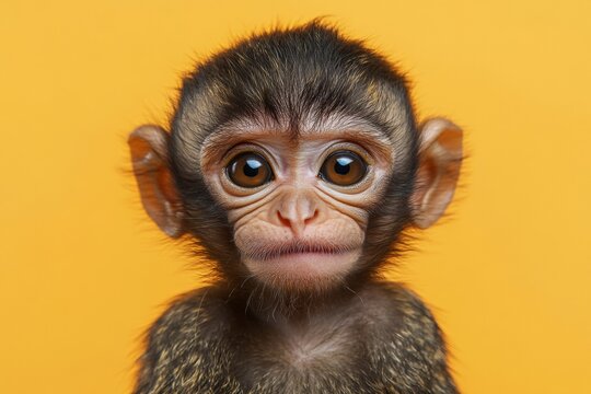 Cute baby monkey with large expressive eyes posing against a bright yellow backdrop