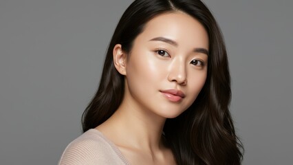 Fototapeta premium East Asian woman with long hair poses in soft lighting against a neutral background Focus on beauty, self confidence, lifestyles