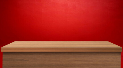 Beautiful empty wooden table, red wall background.