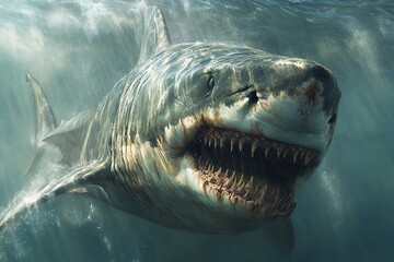 Obraz premium Great white shark swimming in ocean depths with impressive teeth and powerful presence
