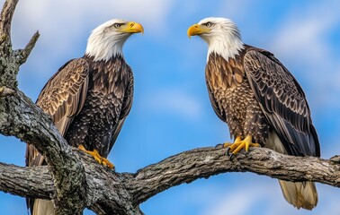 Obraz premium Two Bald Eagles Perched on Branch Against Blue Sky Wildlife Photography