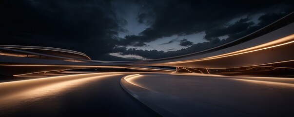 A modern architectural structure with illuminated curves under a cloudy sky