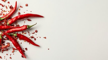 Bunch of red peppers are scattered on a white background. The peppers are arranged in a way that they look like they are falling or being blown away by the wind