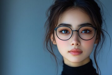 Fototapeta premium Young Asian woman with glasses gazes thoughtfully in a serene indoor setting