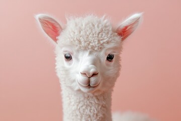 Fototapeta premium Soft and fluffy young alpaca posing against a pastel background in a warm setting